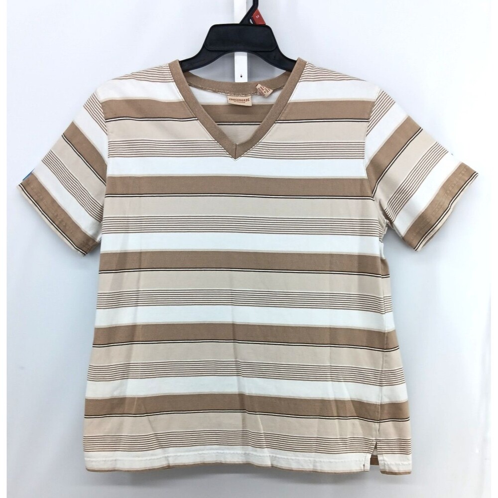 Crossroads Shirt Women Plus Size 1X Brown White Striped Short Sleeve V Neck Top